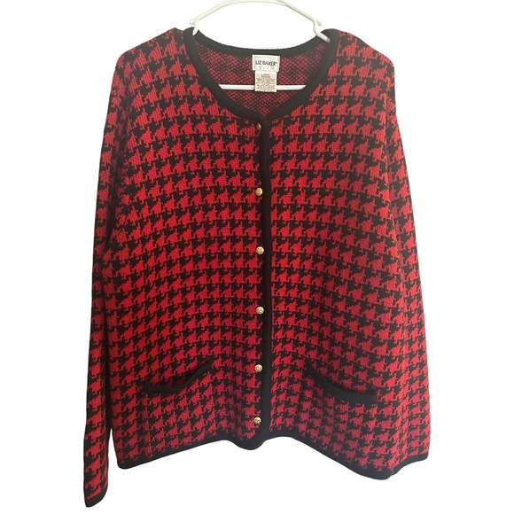 Liz Baker Sweaters - Liz Baker Womens Large Red Black Houndstooth Button Front Cardigan Sweater